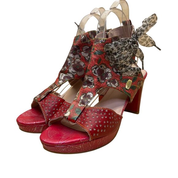 Laura Vita Women’s Red Floral Pattern Leather Open Toe Bow Accent Heels Size 10 - Picture 3 of 11
